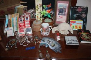 lot 33 image: Misc. souvenirs and home dcor. Plus cards and poker chips.