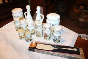 lot 79 image: Vintage white glass cannister and spice jar set plus silver plated lasagna server