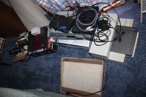 lot 90 image: Electronics homemade light box, printer, Blu-ray player, DVD player, VHS player, Brother EP-43 typewriter and more