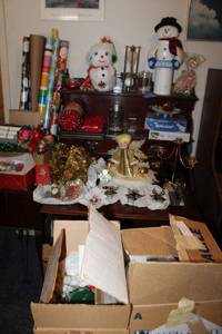 lot 133 image: Christmas decorations Stained glass angels, gift wrap, red gloves and blanket (unopened), red rope light and more