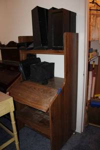 lot 132 image: Writing desk with upper shelf, plus CD holders and small travel bags