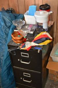 lot 166 image: Black 2-drawer file cabinet, Student Bible, Purifying water pitcher, margarita glasses, umbrella and more