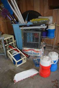 lot 177 image: Drink coolers, propane bottles, Camp Axe, milk crates, dusters and more