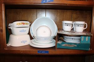 lot 202 image: Corelle and Corning Ware dishes (some dishes match Lot 81)
