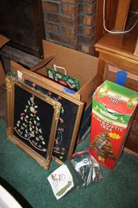 lot 205 image: Christmas Lot 3 fiber optic tree, framed light-up trees, unopened lights and gift bags