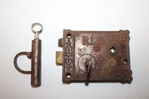 lot 215 image: Vintage or Antique door lock with key and padlock or shackle lock