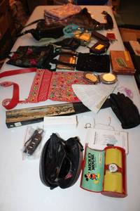 lot 210 image: Vintage Mickey Mouse watch Bradford time in original case, sunglasses, bags and coin purses, belly dancing scarf, plus personal alarm keychain and portable chargers