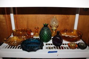 lot 218 image: Colored glassware - Amber glass, green pineapple jar, purple bud vase and blue ashtray