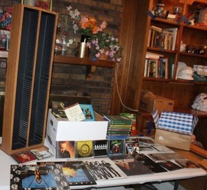 lot 223 image: CD tower, CDs (Elvis, Dolly Parton...), audiobooks (Runaway, The Harsh Cry of the Heron..), albums (Van Halen, Def Leppard and Scorpions), and educational DVDs