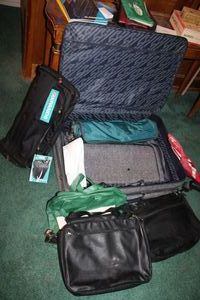 lot 195 image: Large Jordache suitcase, Expandable rolling bag (looks new), leather briefcases and bags
