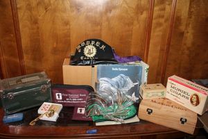 lot 193 image: Vintage Masonic Fez jeweled cap, Mikasa bowl, collector boxes, mens pocket watch, military storage box