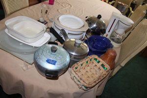 lot 285 image: Kitchen - pans, microwave plates, ceiling light cover, blue speckled ceramic dish set, coffee maker and more