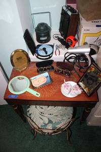 lot 315 image: Wolf carved desk and vanity chair, Misc. items vintage 8 track player, tools, vintage eyeglasses, sink drain cleaner and more