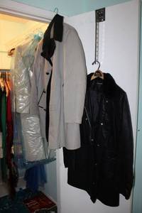 lot 312 image: Mens and womens winter coats includes Baccini black faux leather womens coat L
