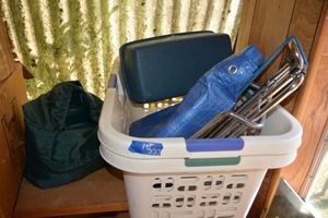 lot 333 image: Vintage vanity suitcase, Air mattress, shopping dolly cart, tarp and laundry baskets
