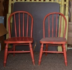 lot 341 image: Folding card table and pair of red wooden spindle chairs