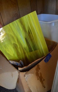 lot 343 image: Glass tile panels in various colors and trash bin