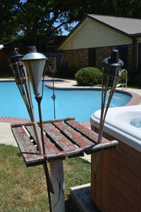 lot 377 image: Shepherds hook garden stakes and tiki torches
