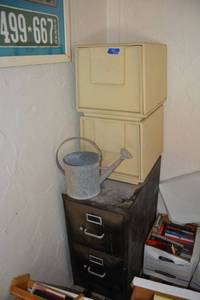 lot 322 image: File cabinets 2-drawer metal unit, 2 vintage plastic file cabinets