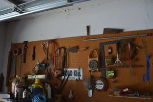 lot 358 image: Tools carpenter square, Hand saws, sprinklers, ice scraper