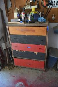 lot 360 image: Garage storage dresser and contents of 3 drawers - American flag, Baseball, maps and more