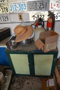 lot 381 image: Garage storage cabinet, sprayer, fire extinguishers, pet water bowls, work rags