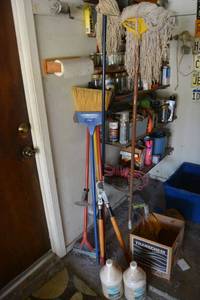 lot 408 image: Branch trimmer, Brooms and mops, plus pool chemicals