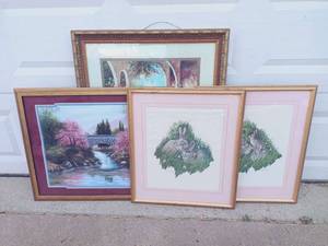 lot 10 image: Set of 4 Framed Nature Wall Art Pieces Including Home Interiors The Old Stone Bridge and Garden