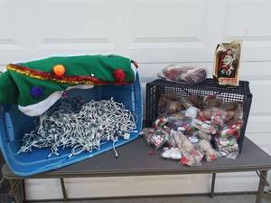 lot 26 image: Christmas Bulk Set Inclucing Vintage Centerpiece, Bulk Decorations, Lights, Holiday Time Holiday Dress, and More