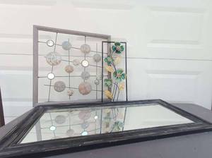 lot 61 image: 3 Piece Wall Decor and Long Mirror Set Rectangular Metal Floral Framed Wall Art, Metal Geometric Overlapping Wall Art, and Large Black Rustic Wood Mirror (See Images)