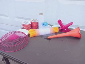 lot 103 image: Mixed Parts Craft Ribbon and String, Gluesticks, Fuel Funnel, Mixed Tool Pieces and MORE