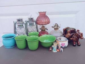 lot 104 image: Mixed Vintage Ceramics and Decor Including Vintage Ceramic Donkey Horse and Cart Napkin Holder with Shaker, Portofino Blue Poly Resin Angel Figurine, Vintage Oil Lamps, Lanterns, Bowls, and MORE