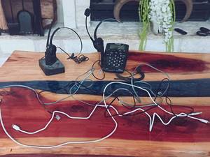 lot 112 image: 7 Pc Cable and Phone Headset Including Spracht Zum Maestro Headset and AGPtek Call Center Headset Telephone - wired