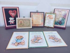 lot 76 image: 8 Piece Decor Set Including Vintage Hallmark Precious Moments Wall Plaque, I Love You TeddyBear with Balloon, Hallmark Whats a Grandfather Plaque, Teddy Bear Bedtime Trio Plaques, and MORE