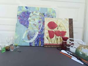 lot 91 image: Mixed Lot Large Abstract Elephant Painting Wall Art, Poppy Art Print, Kitchen Tools, Glasses, Vases, and MORE
