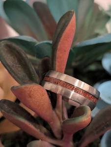 lot 290 image: Sz 10.5 (20 mm) Tungsten Mens Wedding Band with Koa Wood Inlay NEW with Black Jewelry Box