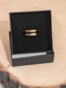 lot 158 image: Sz 6.5 (17mm) Stainless Steel Golden with Black Stripe Ring NEW with Black Jewelry Box