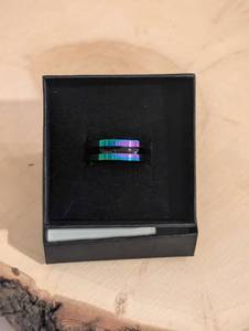 lot 156 image: Sz 8 (18 mm) 2 Band Iridescent Stainless Steel Ring NEW with Black Jewelry Box