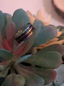 lot 235 image: Sz 6.5 (17 mm) 2 Band Iridescent Stainless Steel Ring NEW with Black Jewelry Box