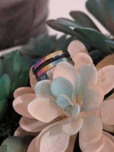 lot 203 image: Sz 8 (18 mm) 2 Band Iridescent Stainless Steel Ring NEW with Black Jewelry Box