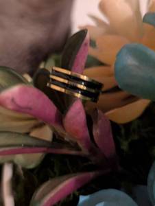 lot 42 image: Sz 6.5 (17 mm) Black and Gold Troika Ring NEW with Black Jewelry Box