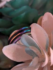 lot 251 image: Sz 8 (18 mm) 2 Band Iridescent Stainless Steel Ring NEW with Black Jewelry Box