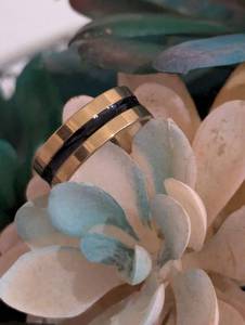 lot 220 image: Sz 11.5 (21mm) Stainless Steel Golden with Black Stripe Ring NEW with Black Jewelry Box