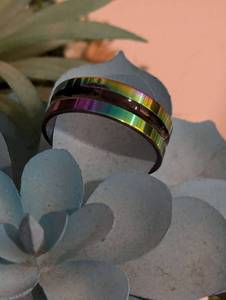 lot 218 image: Sz 10.5 (20 mm) 2 Band Iridescent Stainless Steel Ring NEW with Black Jewelry Box
