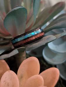 lot 261 image: Sz 9 (19 mm) Black Tungsten Carbide Inlaid Hawaiian Koa Wood with Blue Opal Ring NEW with Black Jewelry Box