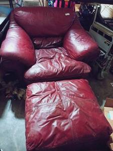 lot 263 image: Oversized Red Leather Armchair and Ottoman Set