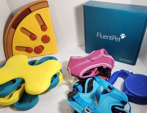 lot 9 image: Pet Training Equipment - Teach Them To Talk Buttons, Hidden Snack Puzzles, S-M Dog Harnesses and more