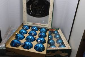 lot 59 image: Vintage Set of 34 Blue Shiny Brite Mercury Glass Christmas Ornaments In Original Boxes