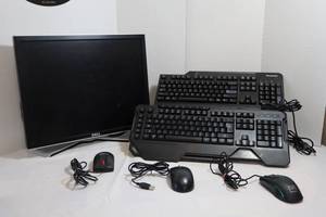 lot 64 image: Dell Monitor, wired keyboards and mice. (1 Programmable Gaming Keyboard and 1 Gaming Mouse)