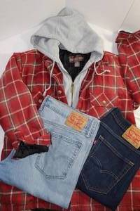 lot 70 image: Mens Insulated Flannel Jacket (M) and Levi Jeans Sizes 34X32 & 36X32